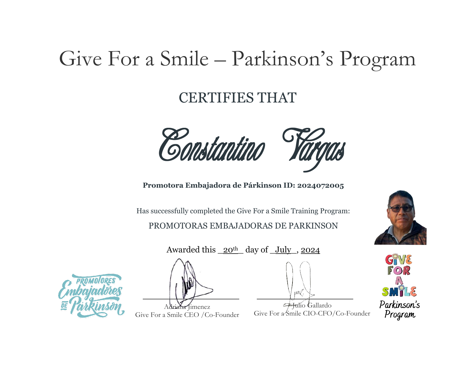 Certificado Oficial de Promotora Embajadora de Párkinson otorgado por Give For a Smile a Constantino Vargas